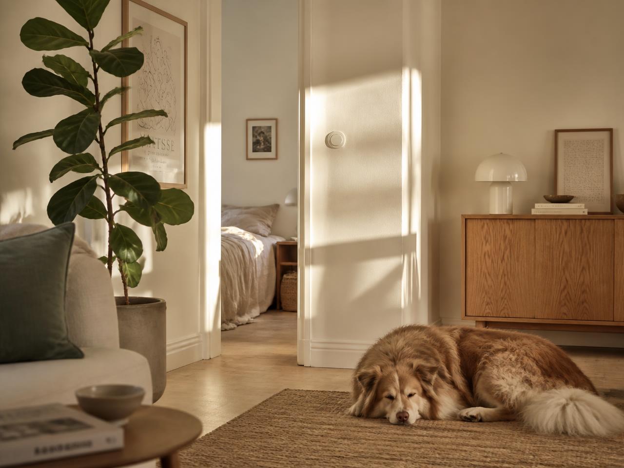Ljust skandinaviskt hem med hund på mattan